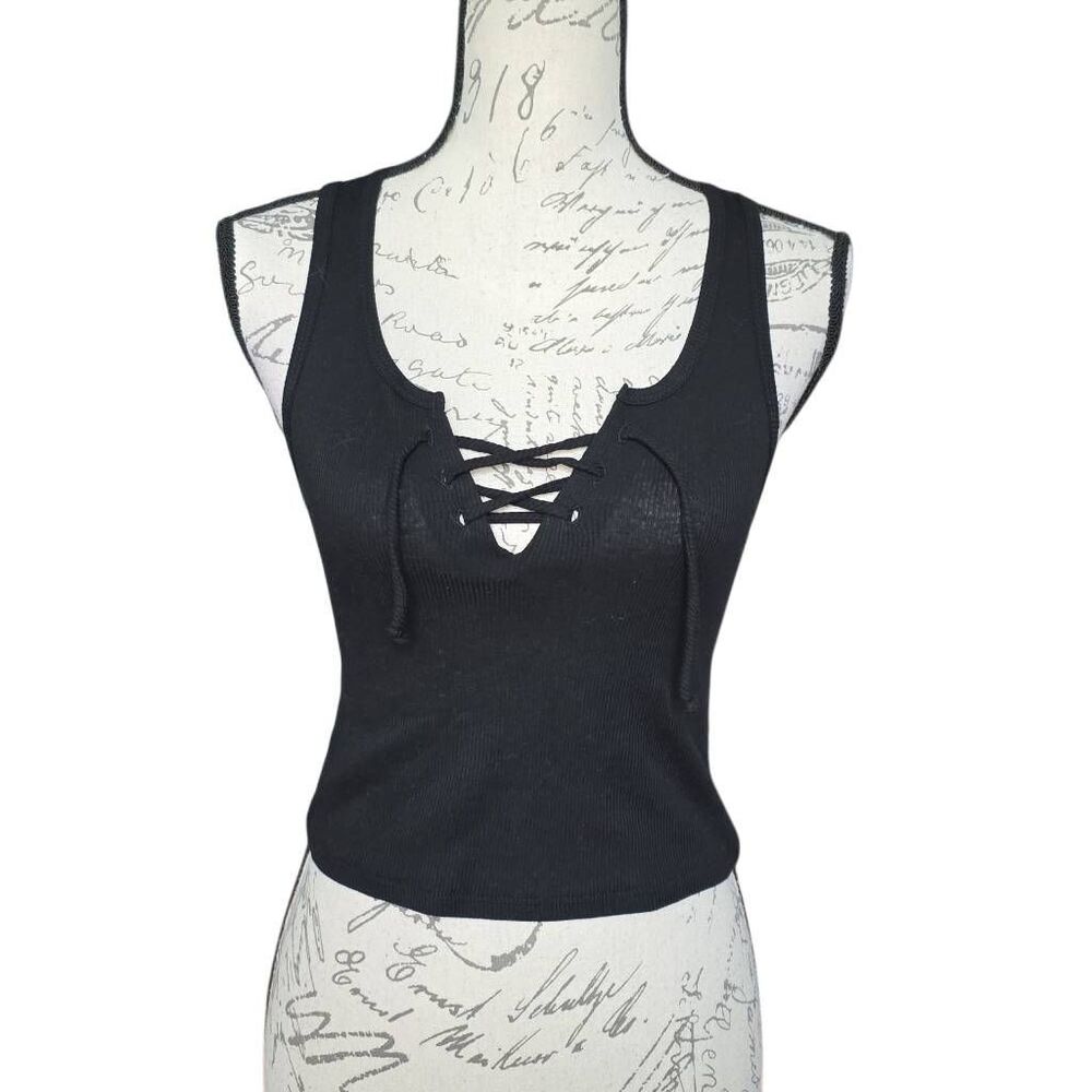 Bozzolo Women's Size Large Black Ribbed Lace Up Crop Top